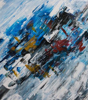 Vibrant abstract acrylic painting showcasing dynamic brushwork in blues, reds, and yellows.